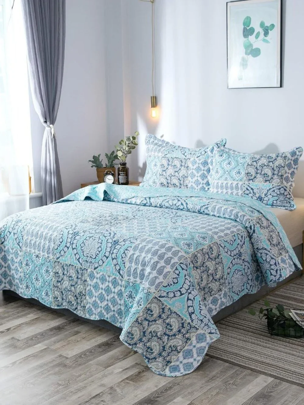 Twin Blue and Teal Microfiber Quilt Set